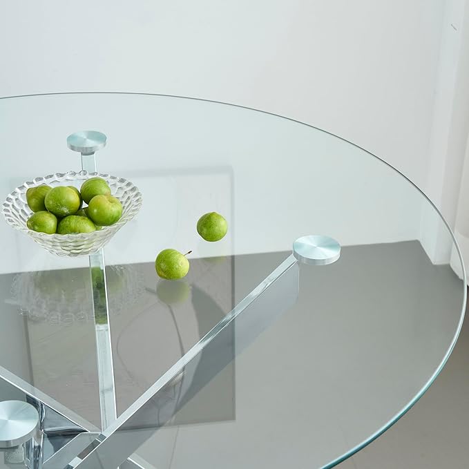 Goujxcy 5 Pieces Round Dining Table Set for 4, Modern Silver Glass Kitchen Table and Chairs for 4 with Upholstered Chairs, Circle Coffee Dining Table Set for Small Space,Apartment,Office