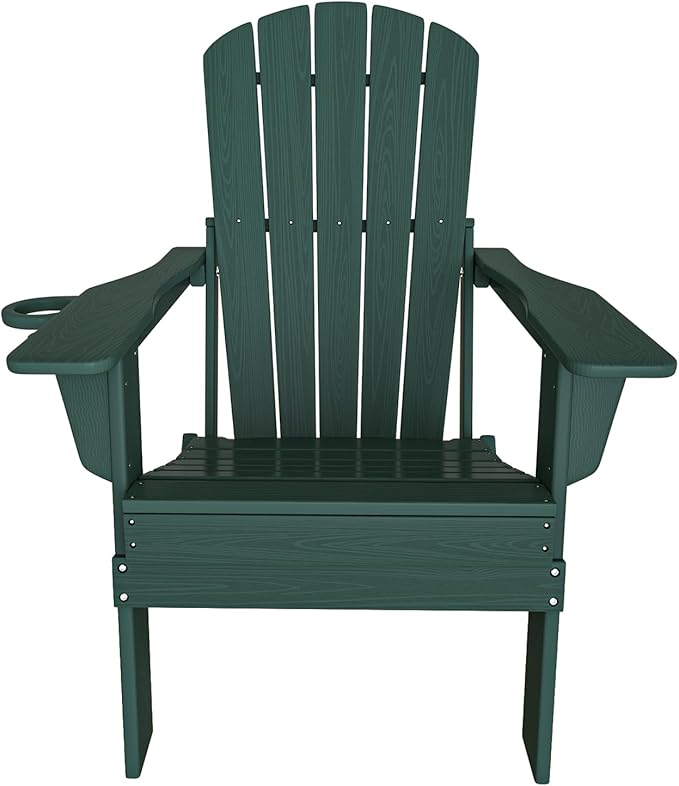 Plawdlik Folding Adirondack Chair, SGS Tested, Wooden Textured with Cup Holder, Heavy All-Weather HDPE Comfortable Set Poolside Backyard Lawn Green Set 2