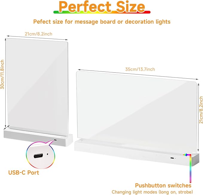 Clear Dry Erase Board, Rechargeable LED Acrylic Message Board, Acrylic Illuminated Dry Erase Board, Can be Used as Night Light for bar/Shop/Office/Holiday/Gifts (Vertical8.2 * 11.8inch)