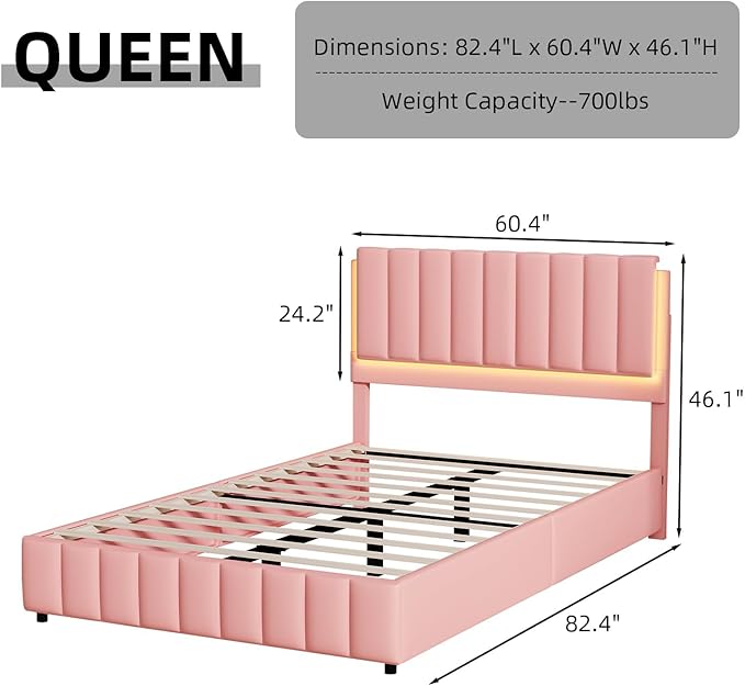 Queen Bed Frame with Headboard and LED Lights, Modern Upholstered Faux Leather Platform Bed with Wooden Slats Support, No Box Spring Needed, Easy Assembly, Pink
