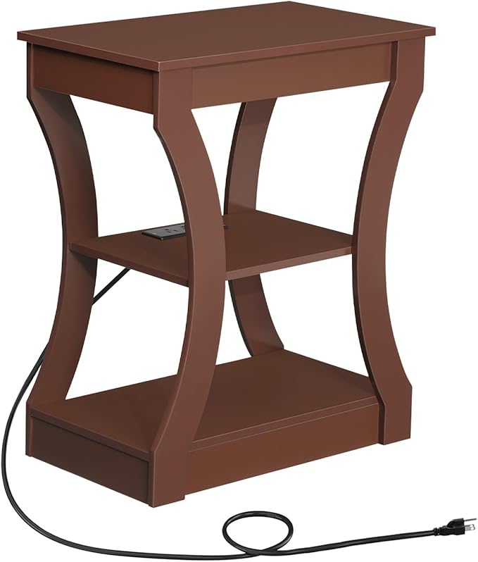 End Table with Charging Station, Side Table with USB Ports and Outlets, 3 Tier Nightstand with Storage Shelf for Small Spaces, Living Room, Bedroom, Cherry ETWA53E01