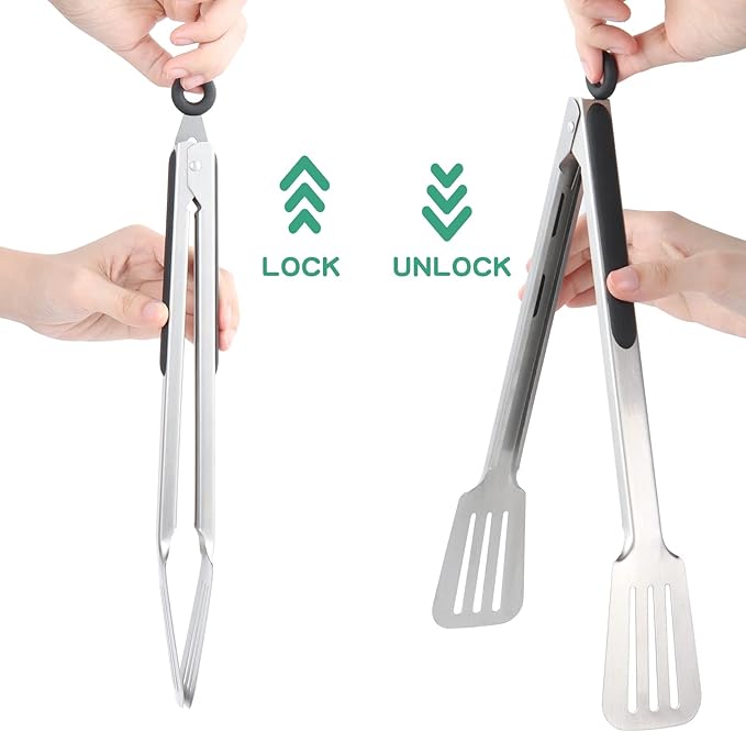 Metal Tongs for Cooking, Set of 2 Stainless Steel Spatula Tongs for Grilling, Cooking and Flipping, Strong Grip for Ribs, Steak and Fish, Comfortable Grip, Easy Pull Lock, 9 inch & 12 inch