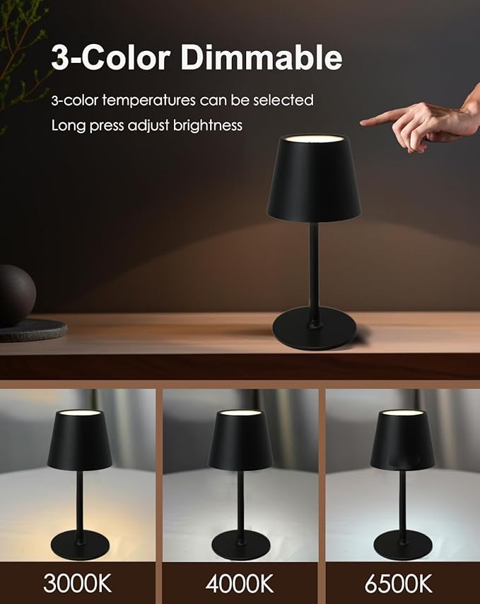 Cordless Table Lamp, Rechargeable Table Lamp with Touch Dimmable Control, Portable LED Desk Lamp for Indoor Patio (Black-Round, 1)
