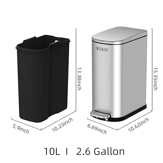 2.6 Gallon Slim Bathroom Trash Can with Soft Close Lid, 10L Stainless Steel Garbage Can with Removable Liner Bucket, for Narrow Spaces,Bathroom, Bedroom (Silver)