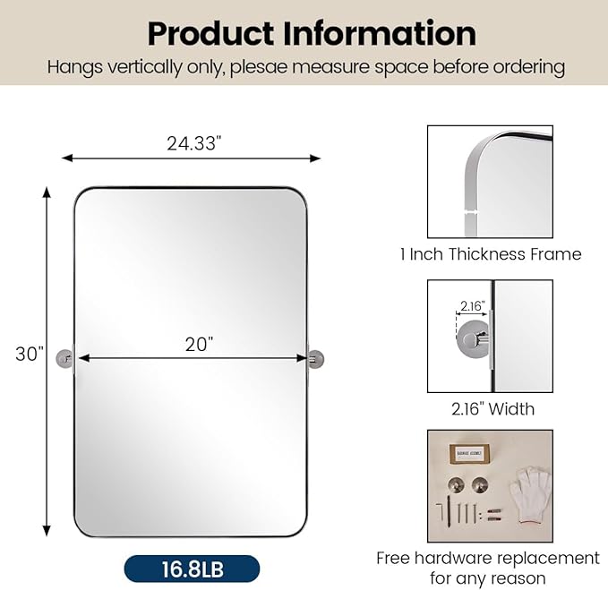 ANDY STAR Chrome Pivot Bathroom Mirror, 20" x 30" Chrome Tilting Wall Vanity Mirror, Rounded Rectangle Metal Frame Pivots Vertically Only (Overall 24.33" x 30")