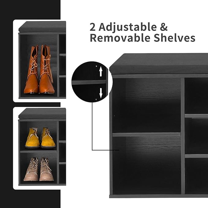 Giantex Shoe Storage Bench with Cushion, Entryway Shoe Rack Bench, Adjustable Shelves, 10-Cubbies Organizer Bench for Entryway, Living Room, Bedroom, Hallway, Closet, Mudroom (Black)