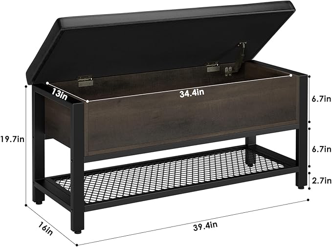 HOSTACK Storage Bench, Entryway Shoe Bench with Flip-Open Storage Box, End of Bed Ottoman Bench with Storage Shelf and Padded Seat for Bedroom, Hallway, Dark Brown