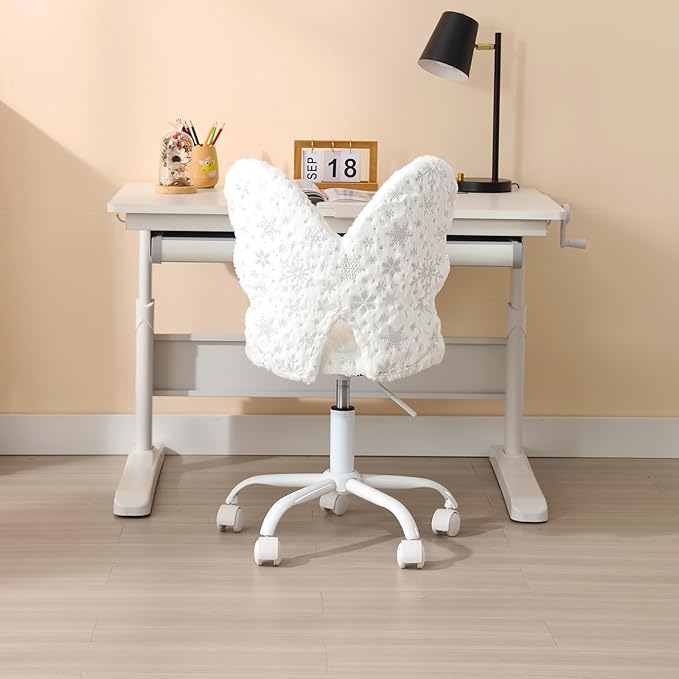 Cute Fuzzy Kids Chair for Teenage Girls Rolling Study Desk Student Chair Furry Computer Task Chair, Adjustable Butterfly Shaped Reading Vanity Chair for Bedroom, White