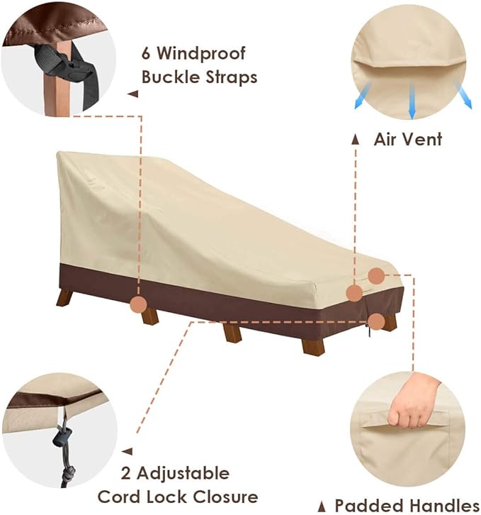 Vailge Waterproof Patio Chaise Lounge Cover, 600D Heavy Duty Outdoor Lounge Chair Covers,UV Resistant Patio Furniture Covers,Small,Beige & Brown