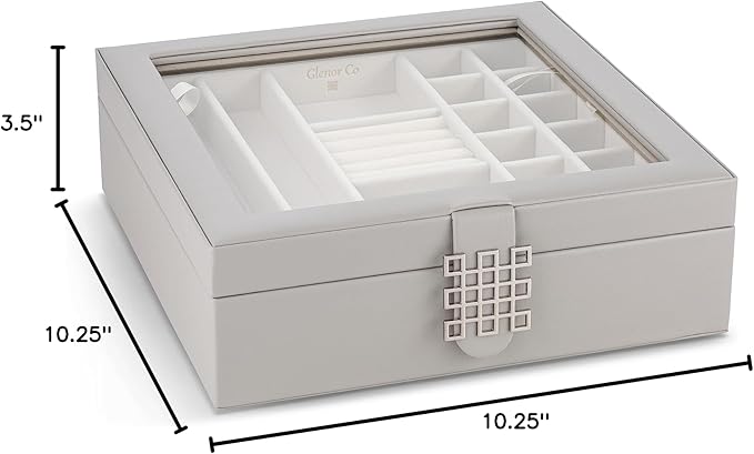 Co 28 Section Jewelry Box - 2 Layer - Buckle Snap & Magnet Closure - Large Glass Top - Leather Design - Grey - Jewelry Organizer for Women & Girls - for Earring Ring Necklace & Bracelet