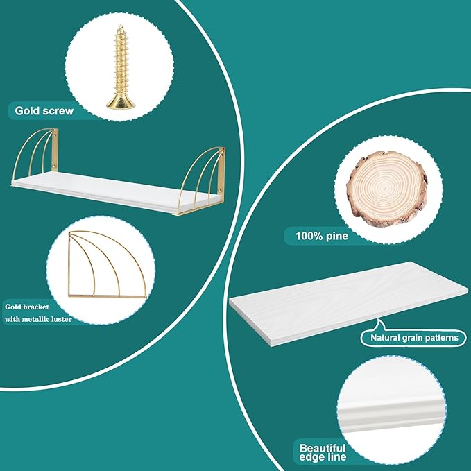 Thicked 0.71 in Heavy Duty White and Gold Shelves Pine Wood Large 36 Inch Gold Shelf with Elegant Lines,White Gold Floating Shelves,White Gold Wall Shelf for White Floating Bookshelf Set of 2.