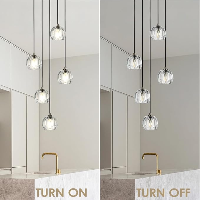 5 Lights Cluster Pendant Lighting, Brushed Black Crystal Pendant Chandelier, Foyer Chandelier Light Fixture Modern Hanging Lights for Kitchen Island Dining Room