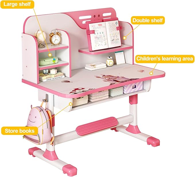 Kids Desk and Chair Set, Height Adjustable Kids Study Table and Chair Set, Children School Desk with Storage Drawer and Book Stand, Ergonomic Child Toddler Deskwith Sitting Posture Corrector (Pink 3)