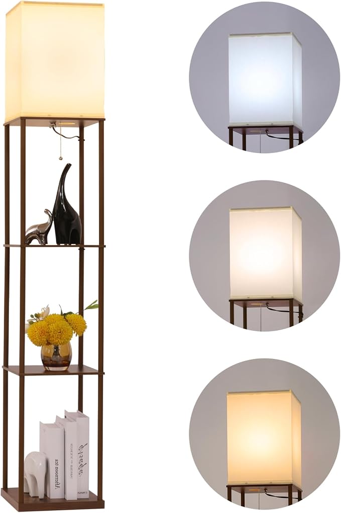 Floor Lamp with Shelves, Modern Square Standing Lamp with 3 Color Temperature Bulb, Corner Display Bookshelf Lamp for Living Room, Bedroom and Office (Brown-9)