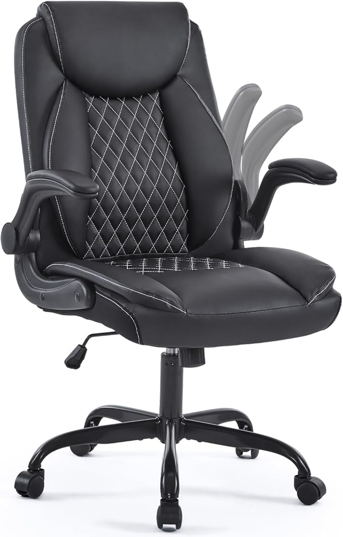 YFO Leather Office Ergonomic Home Office Desk Chair, Back Support Swivel Executive Office Chair with Wheels and Flip-Up Armrests, Small Gaming Chair with Adjustable Rocking Function, Black
