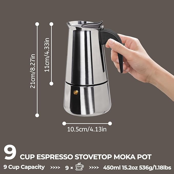 9 Cup 450ml Moka Pot Stainless Steel Espresso Coffee Maker Stovetop Percolator Coffeemaker Italian Classic Style Brewing Greca Cafe Mocha Machine for Cafeteras Lover Camping Travel and Home Use 15oz