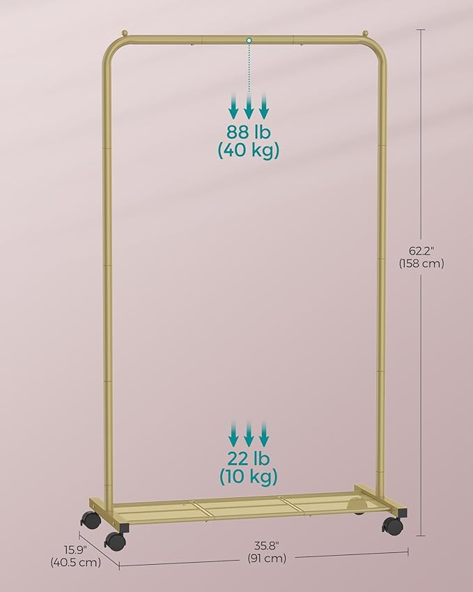 SONGMICS Clothes Rack with Wheels, Clothing Rack for Hanging Clothes, 25.4 mm Metal Garment Rack with Dense Mesh Storage Shelf, 110 lb Load Capacity, 2 Brakes, Gold UHSR025A01