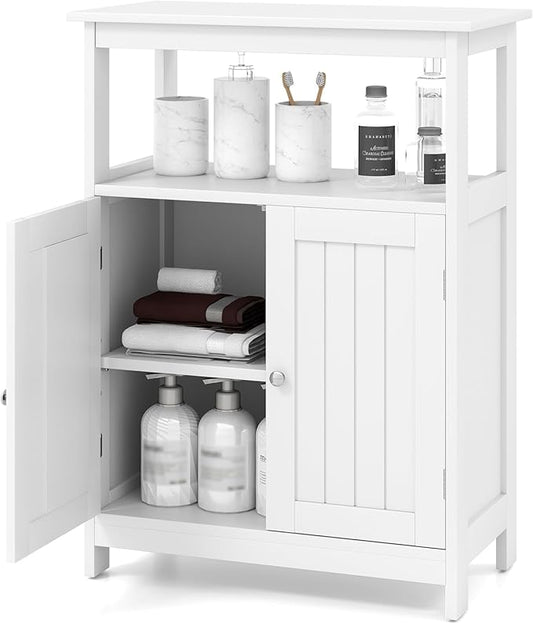 Tangkula Bathroom Storage Cabinet, Freestanding Floor Organizer with 2 Doors & 1 Adjustable Shelf, Modern Home Bathroom Furniture for Living Room Entryway Kitchen (Cabinet, White)