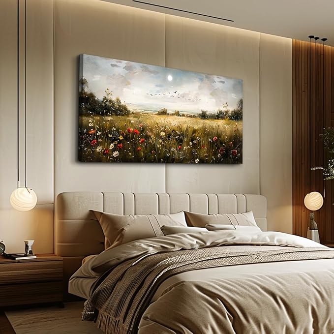 Wapluam Large Wall Art Living Room Wall Decor for Bedroom Wildflower Field Vintage Wall Art Canvas Prints Paintings Farmhouse Artworks Pictures Modern Aesthetic Home Wall Decoration Ready To Hang
