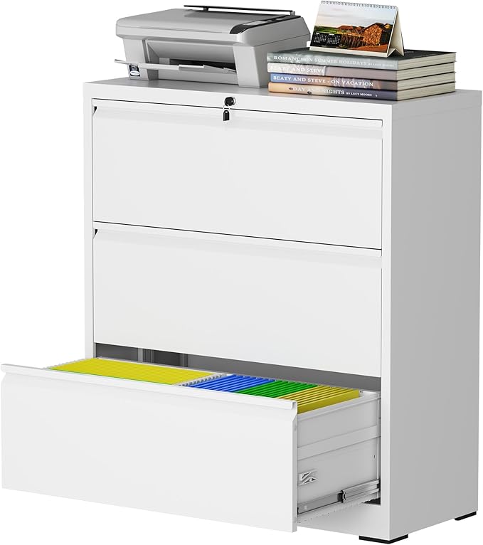 3 Drawer Lateral File Cabinet with Lock, Metal File Cabinets for Home Office, Steel Heavy-Duty Filing Storage Cabinet for Letters/Legal/A4 (Require Assembly, White)