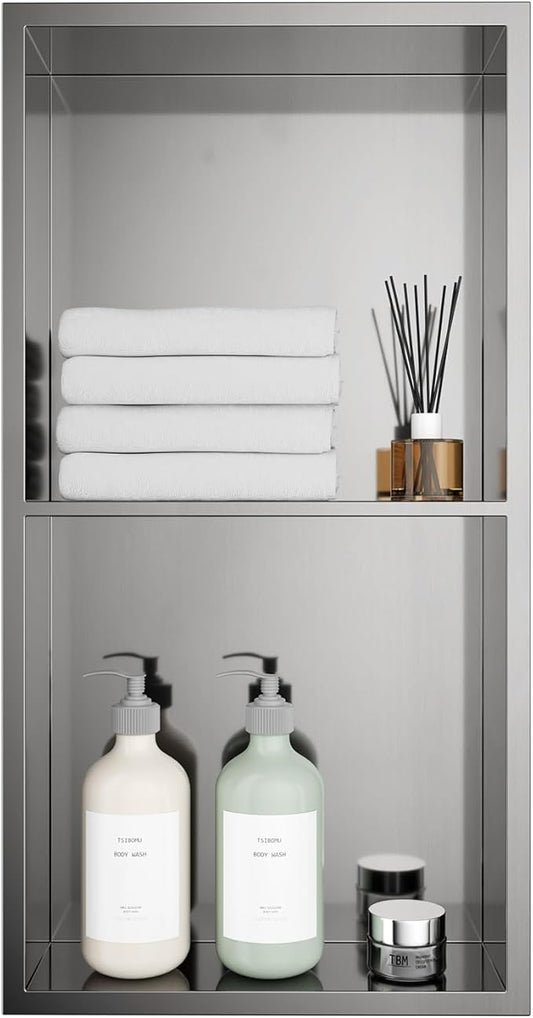 Stainless Steel Shower Niche 12"x24" - No Tile Needed Double Shelves Recessed Wall Niche for Bathroom Storage, Brushed Nickel