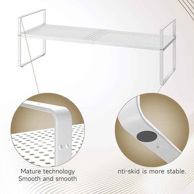 Hole Pattern Expandable Shelf Organizer,1Pack 10.2" Wide Easy to Assemble Cabinet Organizer Shelf, 16.5~27.1" Adjustable Height&Stackable Spice Organization for Cupboard, White