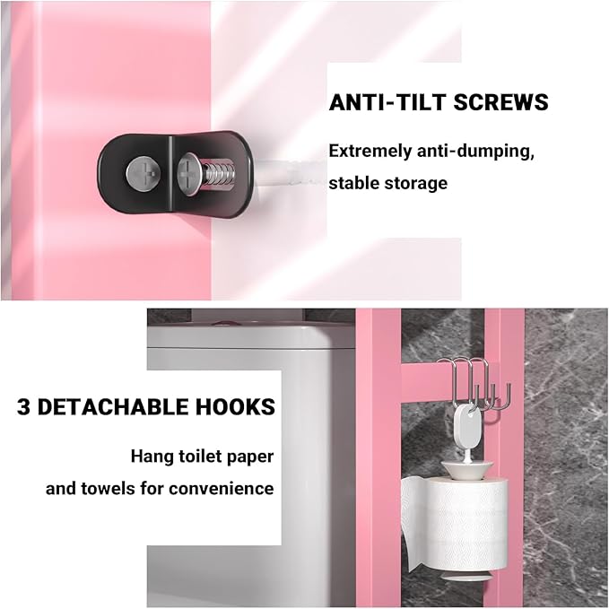 Homykic Bamboo Over The Toilet Storage Shelves, 3-Tier Above Toilet Storage Organizer Rack with 3 Hooks, Freestanding Bathroom Tower Shelf Unit for Small Space, No Rust, Easy to Assemble, Pink