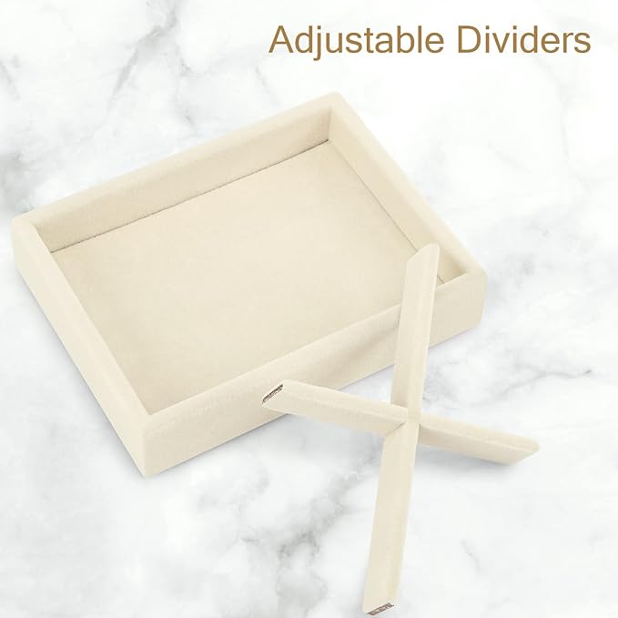 DesignSter Small Jewelry Tray-Ring Organizer 2PCS Premium Velvet Rings Earrings Display Tray Storage Insert Holder for Jewelry Box, Drawer, Dresser (4 Grids, Beige)