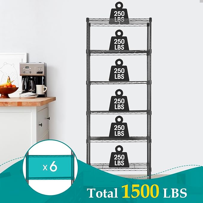 PayLessHere 6-Shelf Adjustable Standing Shelf Storage Shelf Wire Shelving Unit Metal Shelves Unit Shelving 13" W X 23D X 59 "H,Black