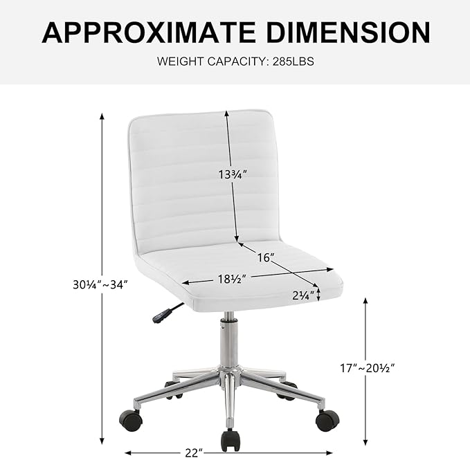 Furnimart Faux Leather Mid-Back Armless Office Desk Adjustable Task Chair Home Office Chair Small Swivel Chair Dorm Chair with Smooth Casters (PU White)
