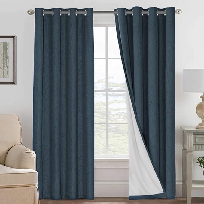 H.VERSAILTEX Linen Blackout Curtains 84 Inches Long 100% Absolutely Blackout Thermal Insulated Textured Linen Look Curtain Draperies Anti-Rust Grommet, Energy Saving with White Liner, 2 Panels, Navy