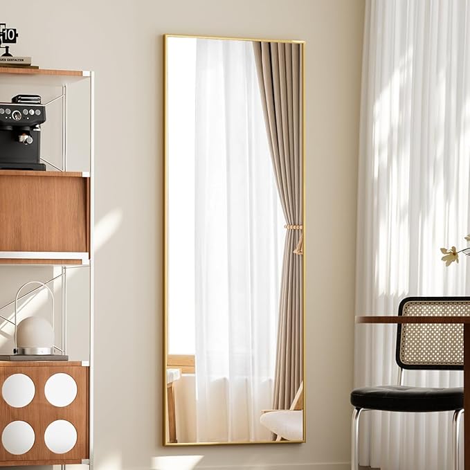 BEAUTYPEAK Full Length Mirror with Stand, 56"x21" Floor Mirror with Aluminum Alloy Thin Frame, ShatterVue Tempered Full Body Mirrors, Free Standing or Wall-Mounted Mirrors for Living Room, Gold