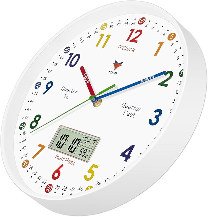 Foxtop Digital and Analog Learning Clock for Kids - Telling Time Teaching Clock 12 Inch Silent Non-Ticking Battery Operated Kids Wall Clock for Kids Room Playroom Nursery Classroom School (White)