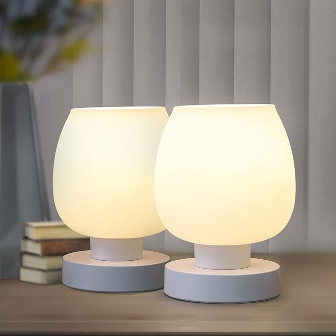 Touch Bedside Table Lamp Set of 2 - Small Modern Table Lamp for Bedroom Living Room Nightstand, 3-Way Dimable Desk lamp with White Opal Glass Lamp Shade, 2700K LED Bulb, Simple Design Home Decor
