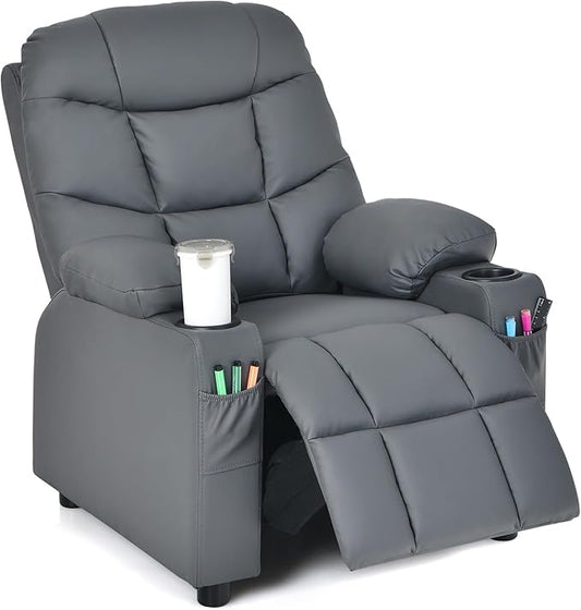 GLACER Kids Recliner Chair w/Cup Holder & Side Pockets, Children Recliner w/Comfortable Backrest, Armrests & Footrest, Toddler PU Leather Recliner for Boys Girls, 3+ Age Group (Grey)