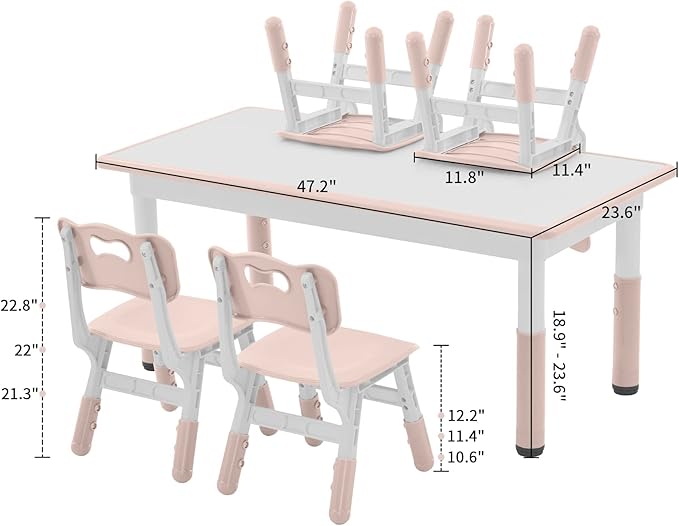 Toddler Table and Chairs Set for 4, 47.2''L x 23.6''W Kids Study Table and Chair Set, Height-Adjustable, Graffiti Desktop, Children Activity Table for Daycare, Classroom, Home