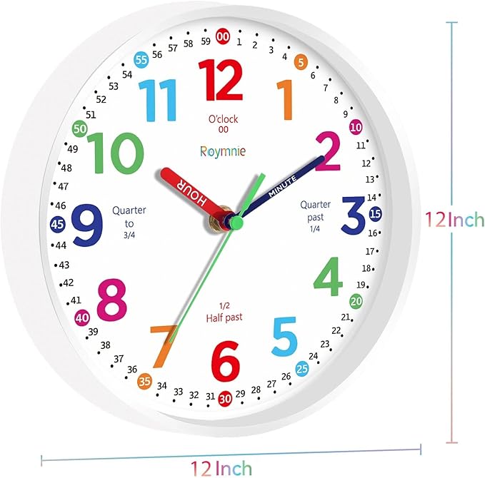 Roymnie12 Inch Wall Clock for Kids Learning to Tell Time Easily Analog Non Ticking Battery Operated Teaching Clock Silent Teaching Time Clock Decorative for Kids Room Classroom School (White Grain)