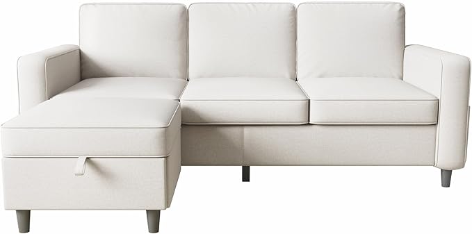 Sectional Sofa Couches for Living Room - 78'' Beige 3 Seat L-Shaped Couch with Storage Ottoman, Modern Linen Convertible Sectionals Sofas with Chaise for Apartment, Office, Small Space