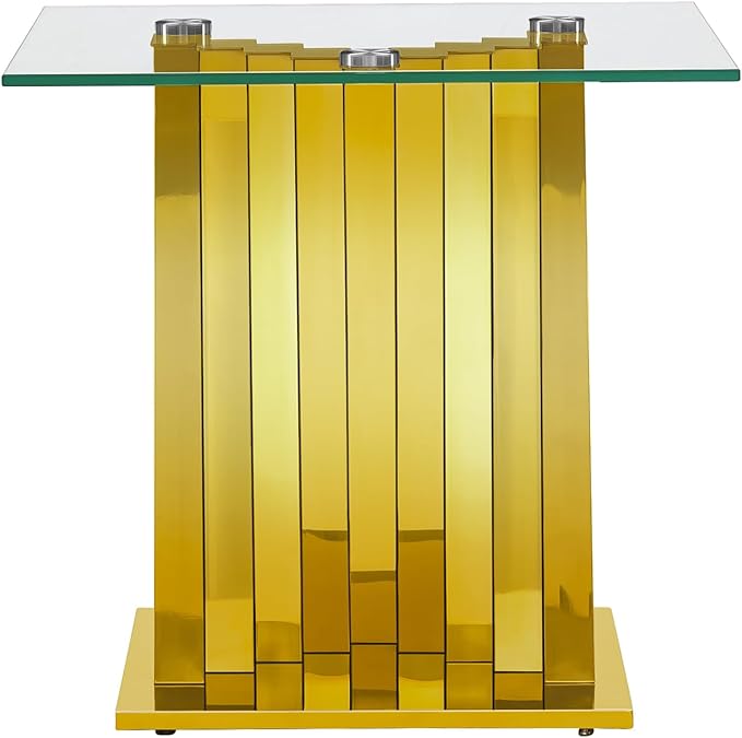 Goujxcy Modern Glass End Table Gold Sofa Side Table with Tempered Glass Top and Mirror Finish Stainless Steel Legs, Luxury Square Sofa Side Table Bedside Table for Living Room Bedroom (Gold)