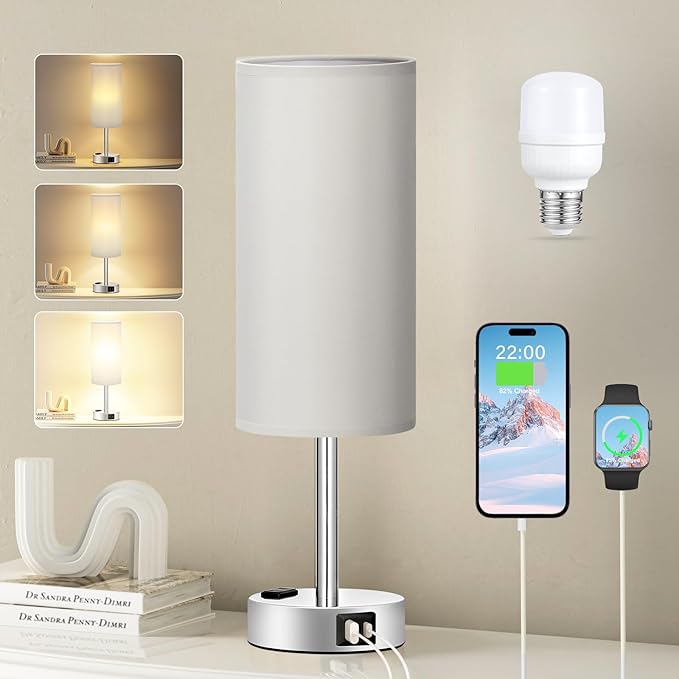 Light Grey Table Lamp for Nightstand - 3 Way Dimmable Touch Bedside Lamp USB C and A Charging Ports and AC Outlet, Small Desk Lamp with Silver Base for Office Nursery, LED Bulb Included