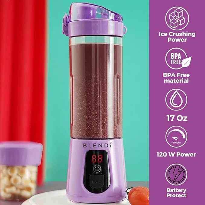 BLENDi Pro+ Portable Blender (17.5oz, Purple) – Powerful 120W Motor, USB-C Rechargeable, Cordless Personal Blender for Smoothies, Shakes & More – BPA-Free, Self-Cleaning, Travel-Friendly