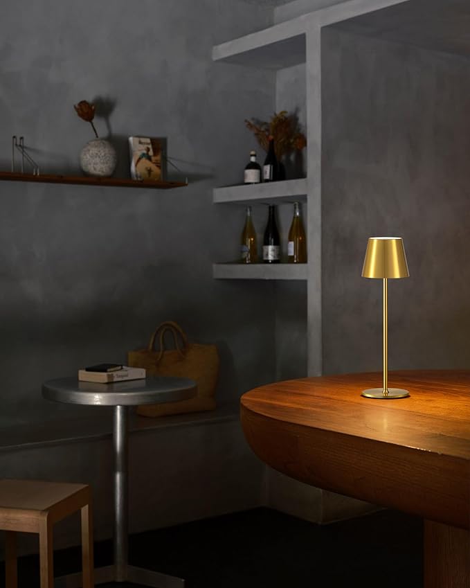 PUSU Cordless Rechargeable Table Lamp Set of 2, 4000mAh Battery Powered LED Desk Lamp, 3 Color Stepless Dimming Up, Portable Table Light Lamp for Bedroom Restaurant Outdoor (Gold)