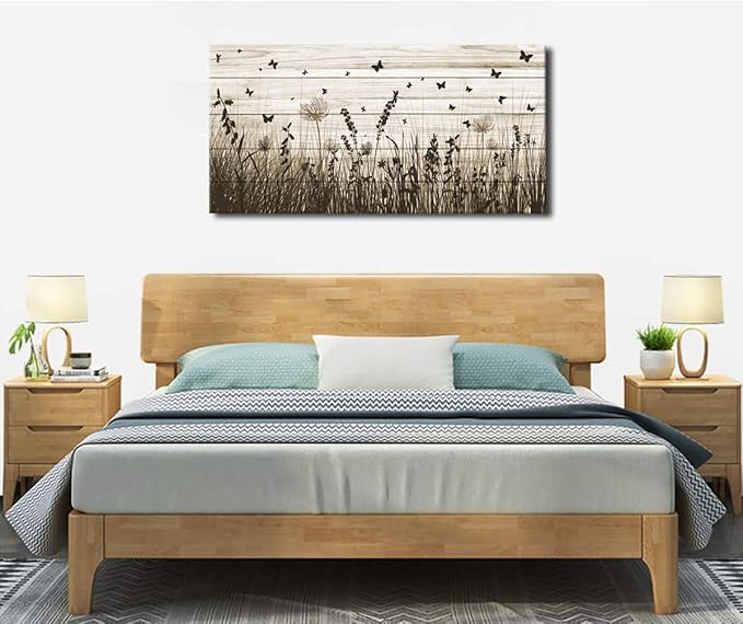 Wildflower Wall Art Autumn Canvas Picture Butterfly Grass Dandelion Artwork Vintage Wooden Board Painting Prints for Bedroom Living Room Office Home Kitchen Wall Decor Framed Ready to Hang 20" x 40"