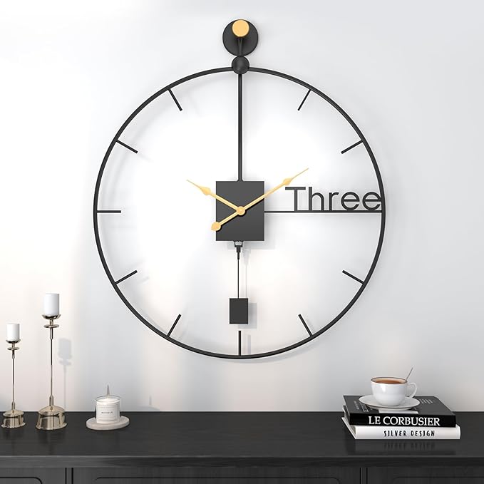 36 inch Extra Large Wall Clock Modern Battery Operated Wall Clock with Pendulum, Silent Non-Ticking Metal Clock for Living Room Decor, Decorative Hanging Clock for Bedroom, Office, Kitchen, Home