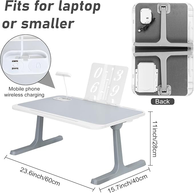Laptop Bed Tray Table, Lap Desk with Night Lamp, Storage Drawer, Phone Charging Function, Foldable Laptop Bed Desk Laptop Workstation, Laptop Tables for Bed, a Children's Bed Table Grey