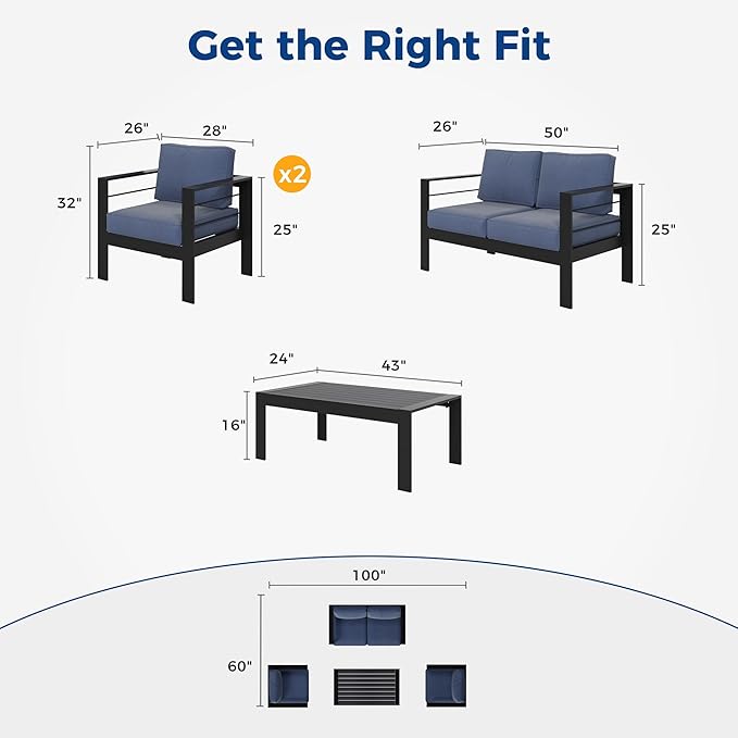 Wisteria Lane 4-Piece Aluminum Patio Furniture Set, Outdoor Furniture with Coffee Table, Metal Sofa Set for Deck, Porch, Balcony, Indoor, Black Frame & Blue Cushion