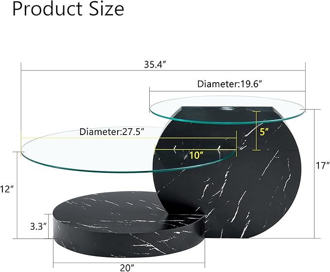 Glass Coffee Table, Modern Round Glass Coffee Table with Wooden Base, 3 Tier Round Coffee Table, Clear Cocktail Table with Storage for Living Room, Office, Balcony, Black