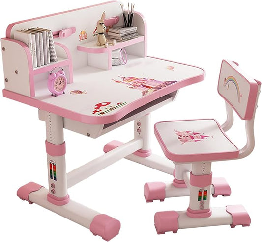 Kids Functional Desk and Chair Set, Height Adjustable Children School Study Table Chair Set with Cartoon Pattern, Ergonomic Desk Chair with Large Writing Board, Bookshelf and Book Bucket
