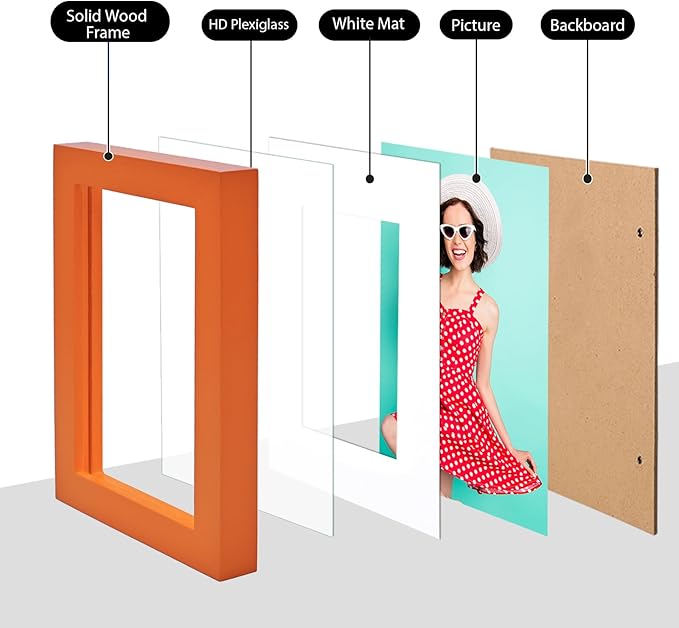 KINLINK 4x6 Picture Frames Orange, Solid Wood Frames with Acrylic Plexiglass for 3.5x5 with Mat or 4x6 without Mat, Tabletop and Wall Display Photo Frame, Set of 4