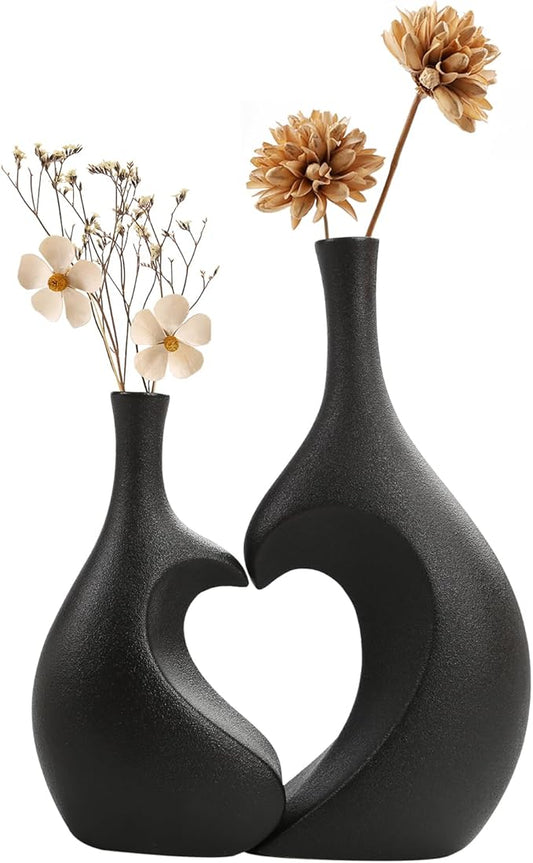 Black Ceramic Vase Set of 2, Heart Shaped vase, Matte Frosted Texture Finish,Farmhouse Decor, Home Decor, Decorative Vase, Vases for Your Bedroom, Office, Living Room, Bathroom (Black)